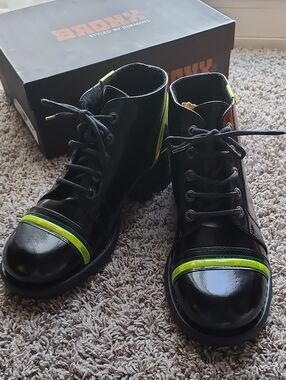 Bronx Black Leather Ankle Boots with Neon Green Trim